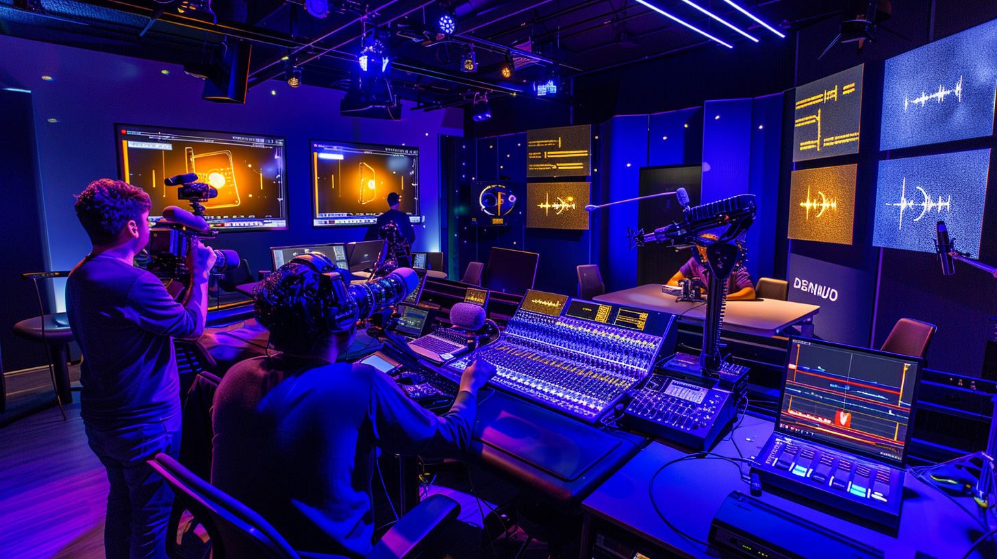 Audio-visual production studio with technicians operating mixing consoles and cameras, surrounded by screens displaying sound waveforms and video footage.