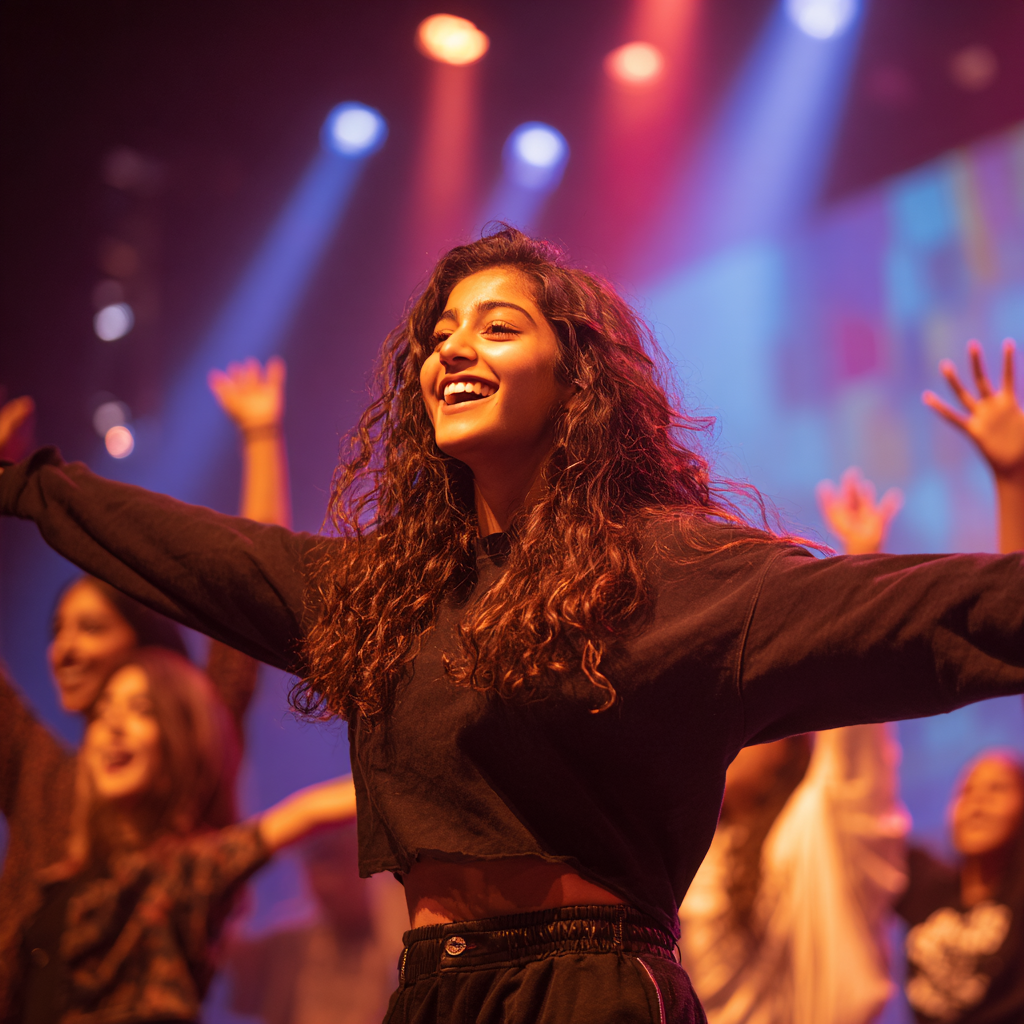 Smiling young woman with curly hair dancing with arms wide open on a colorful stage with audience in background.