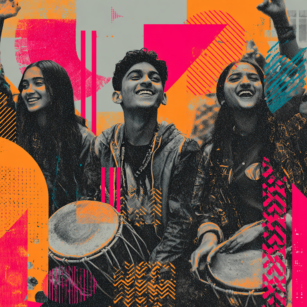 Three smiling young people playing drums with vibrant orange, pink, and blue geometric overlays.