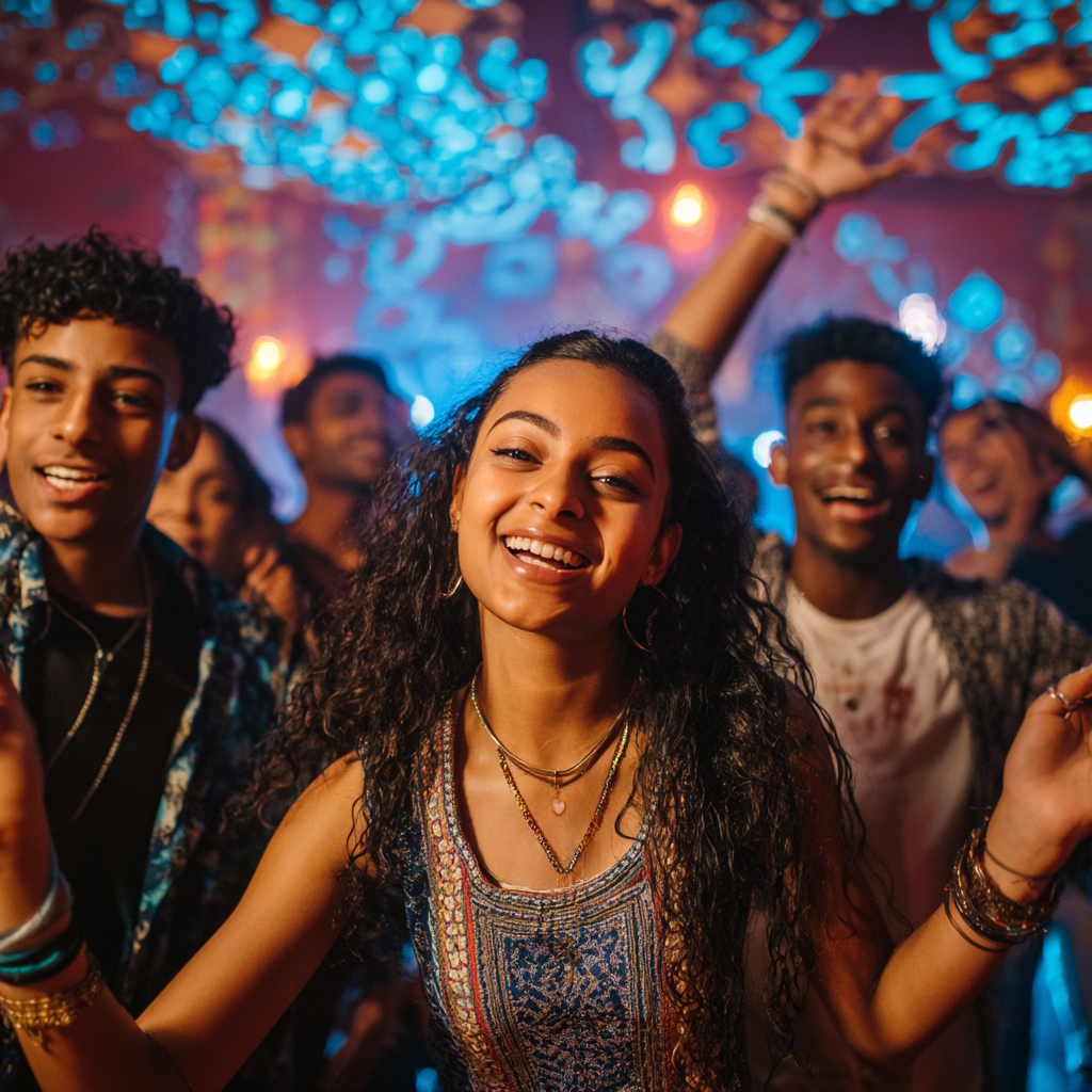 Smiling young woman with curly hair dancing at a lively party surrounded by friends under blue decorative lighting.