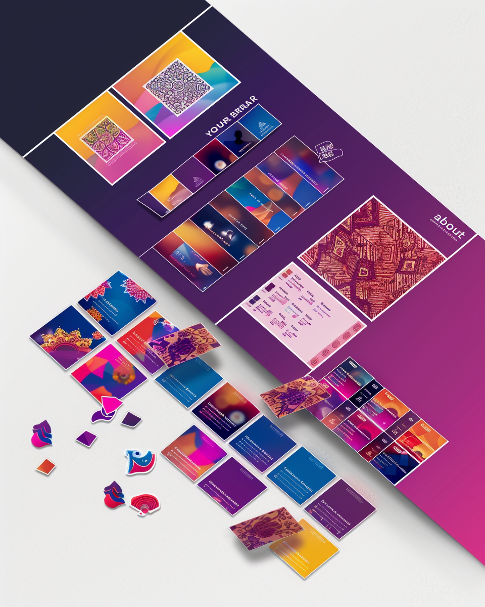 Brand guide layout showing colorful design elements, logos, color palettes, typography samples, and patterned artwork on a purple gradient background.