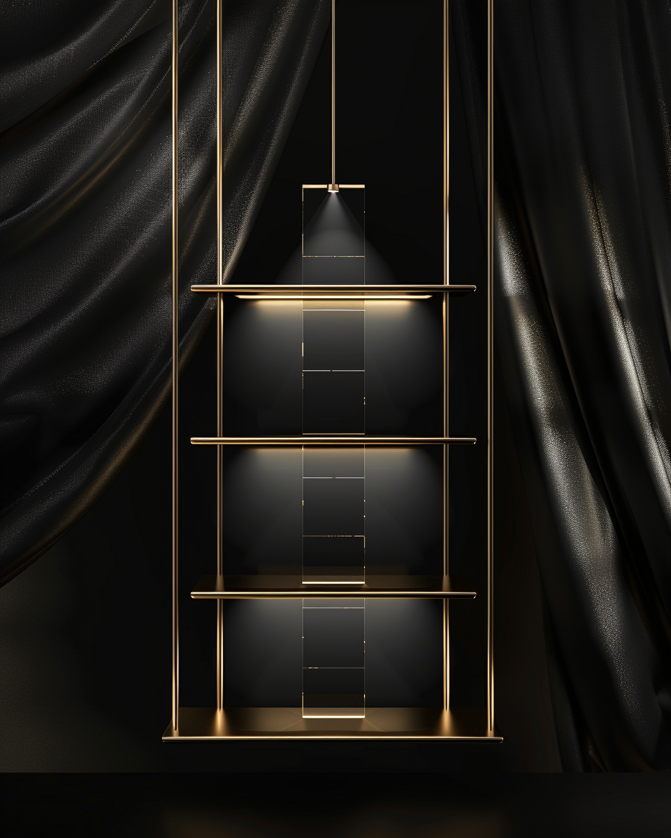 Minimalist gold metal shelving unit with three shelves illuminated against a black backdrop with black satin curtains.