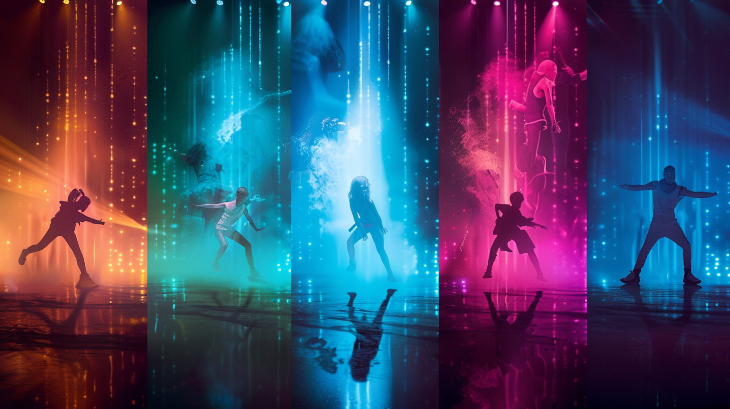 Silhouettes of five categories form desi youth festival striking dynamic poses under colorful vertical light beams in orange, teal, blue, pink, and blue tones with reflections on the floor.