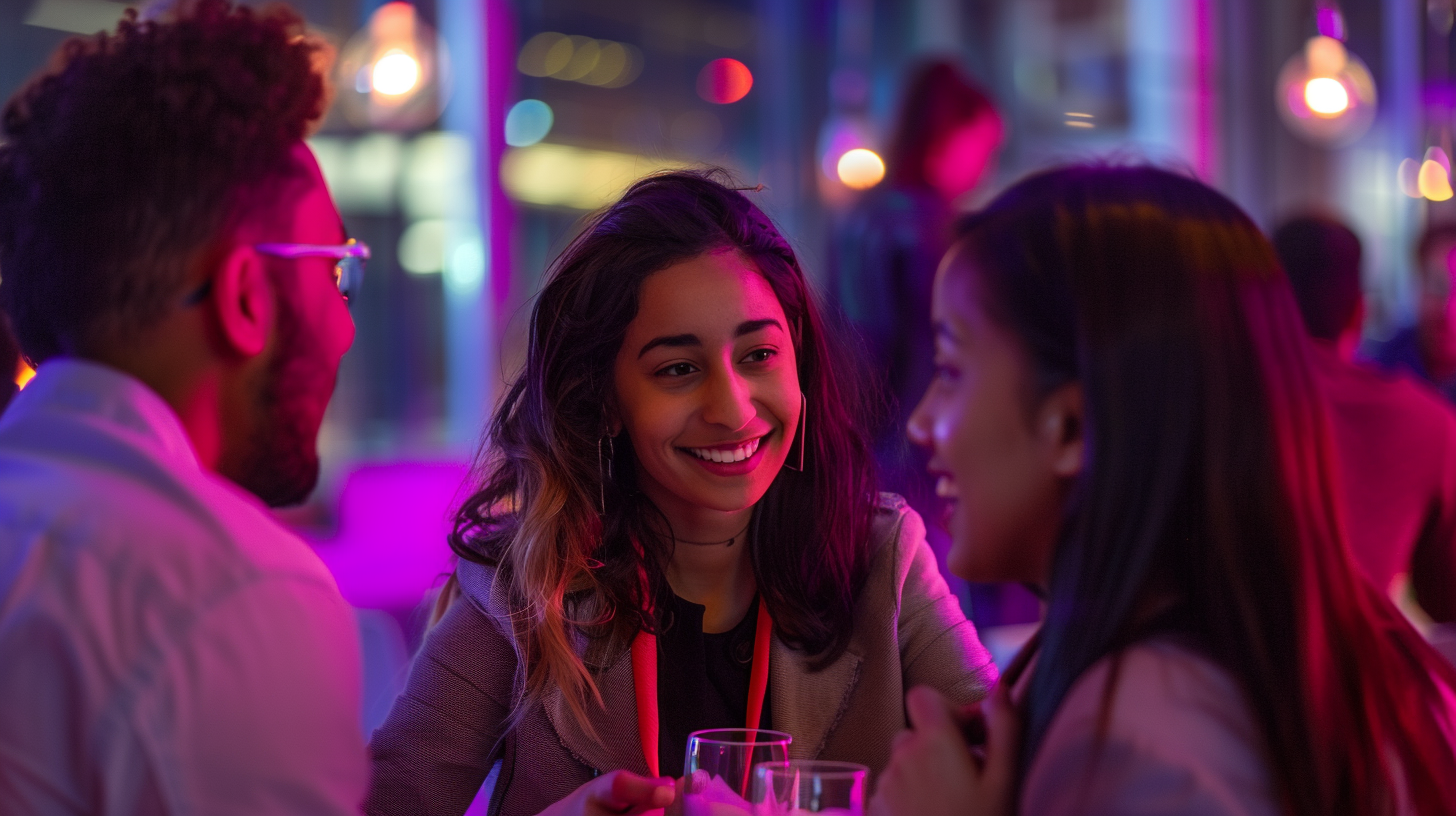 Three young adults from desi youth festival  smiling and talking at a table in a dimly lit, colorful social setting.