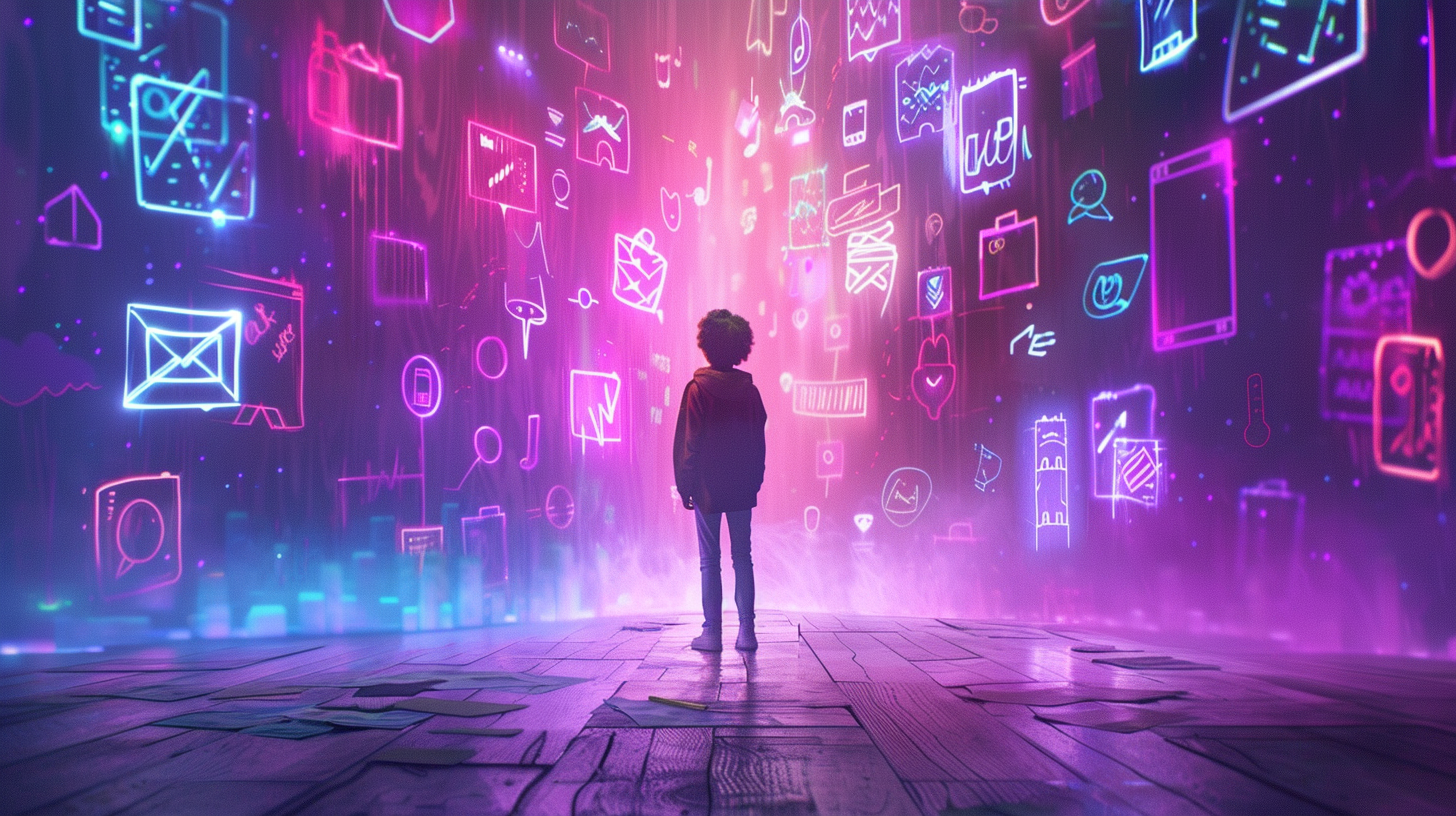 A desi youth festival Child standing on wooden floor facing a glowing wall filled with colorful neon icons and symbols.