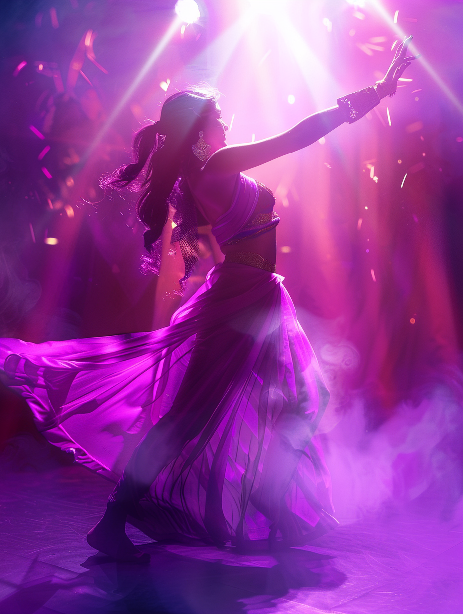 At Desi youth festival Silhouette of a woman in flowing purple dress dancing on stage with dramatic purple lighting and smoke effects.