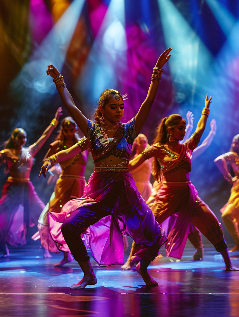 Group of dancers at desi youth festival in traditional Indian costumes performing on stage with colorful lighting.