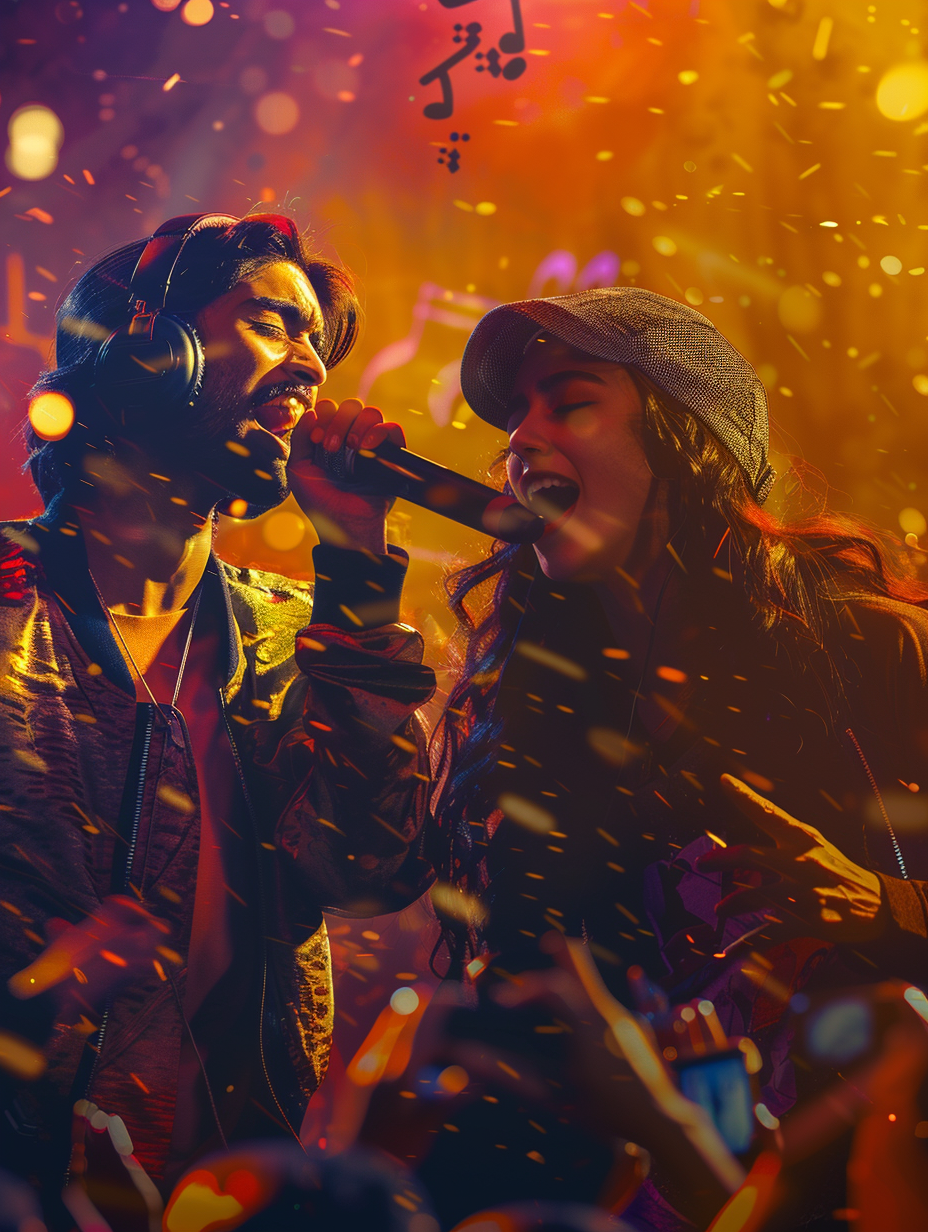 Two young musicians from desi youth festival passionately singing into a microphone on stage with vibrant orange lighting and an enthusiastic crowd.