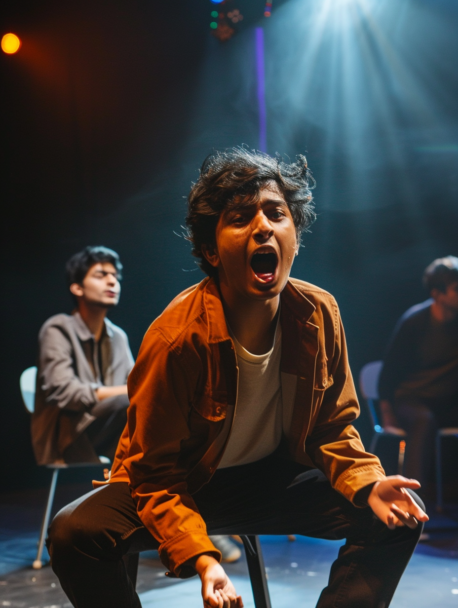 Desi youth festival Young man with tousled hair in an orange jacket passionately acting on stage with two blurred individuals seated behind him.