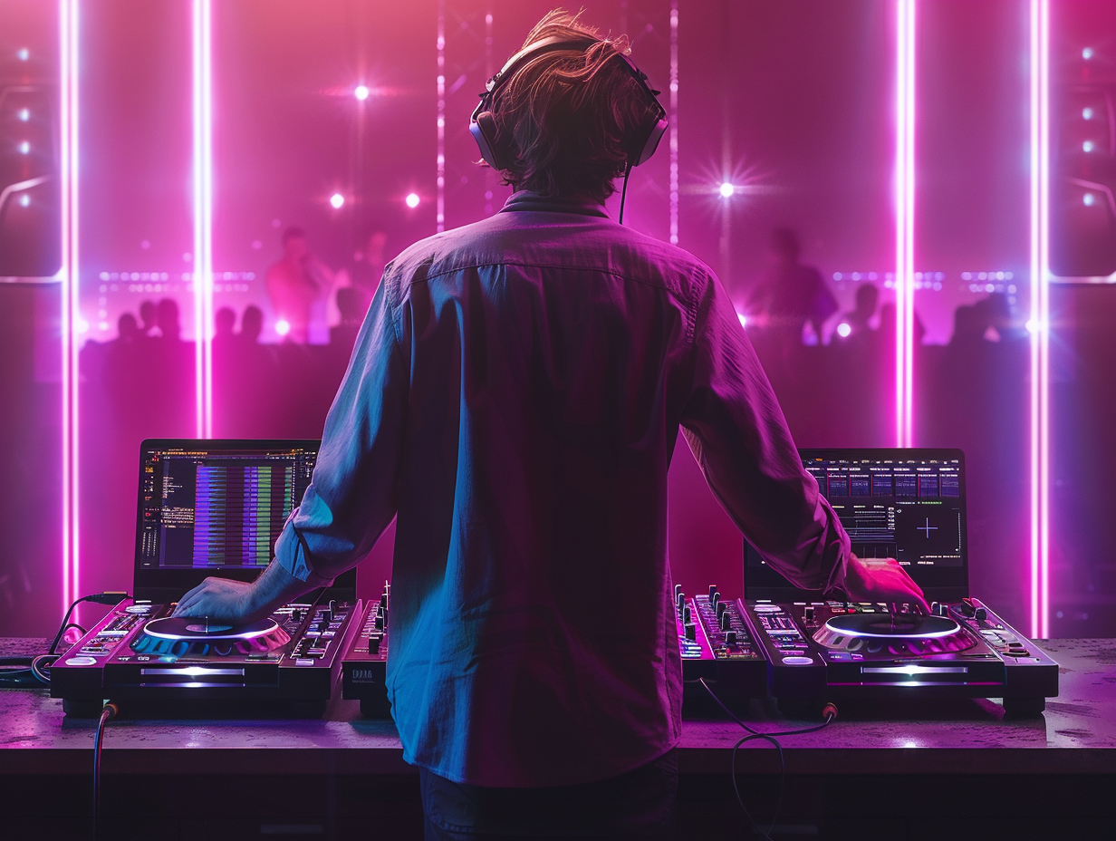 DJ at desi youth festival wearing headphones mixing music on turntables and laptops in a vibrant nightclub with pink and purple lighting.