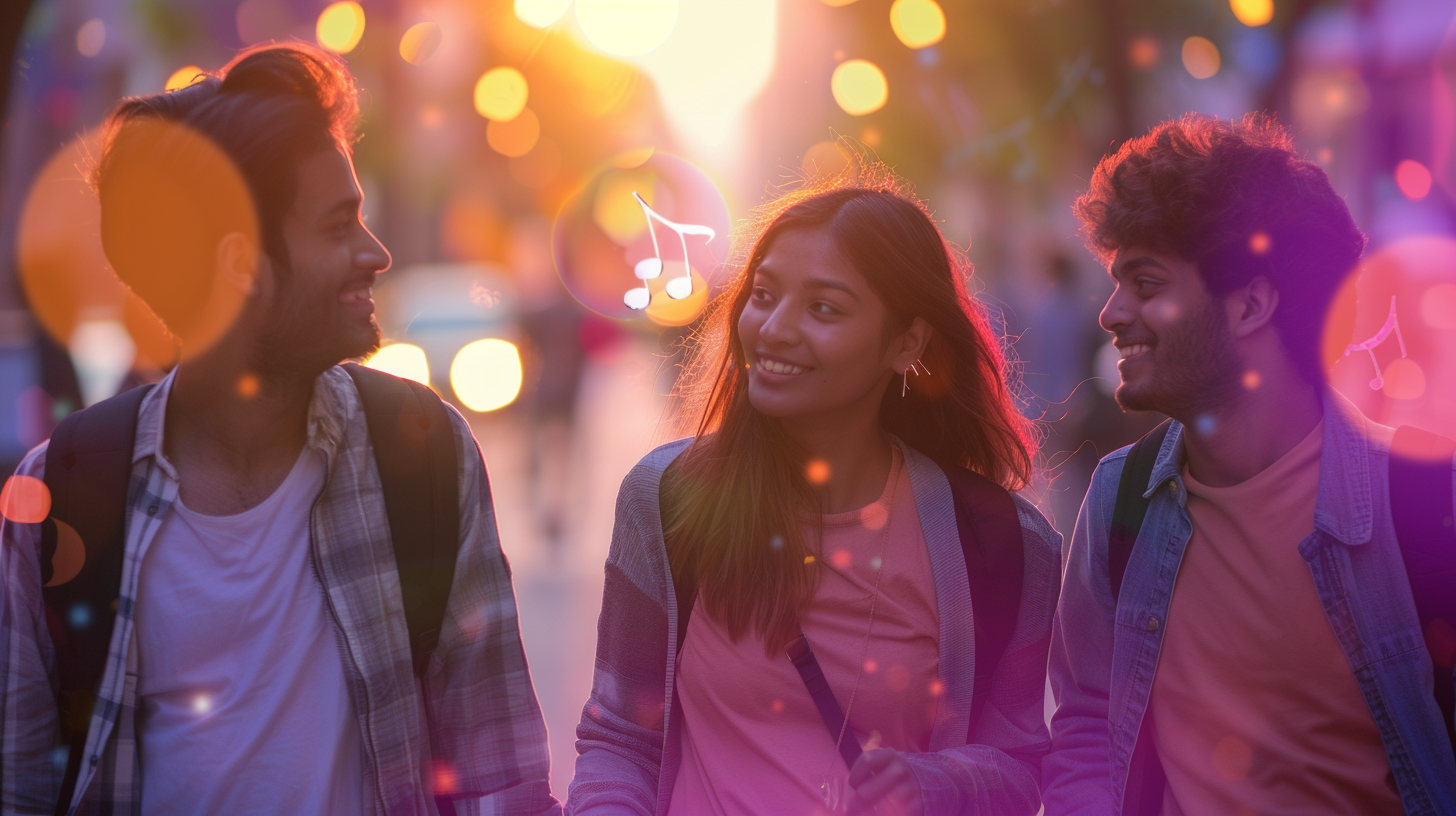 Desi youth festival kids with backpacks smiling and talking while walking outdoors with warm, colorful light effects.