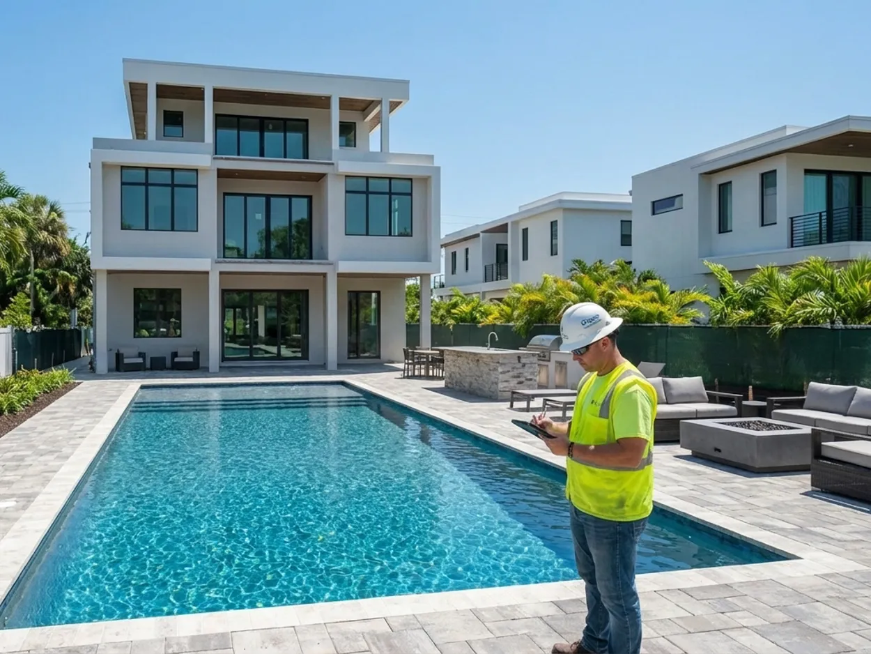 Final inspection of a newly completed swimming pool at a modern multifamily home in Florida