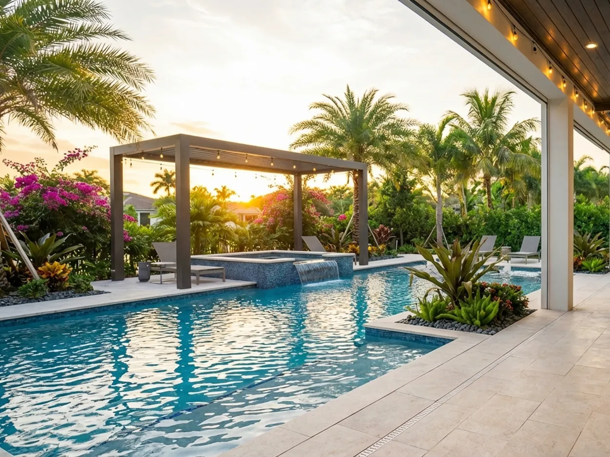 Completed outdoor living project featuring a modern pool, pergola, and tropical landscaping in Florida