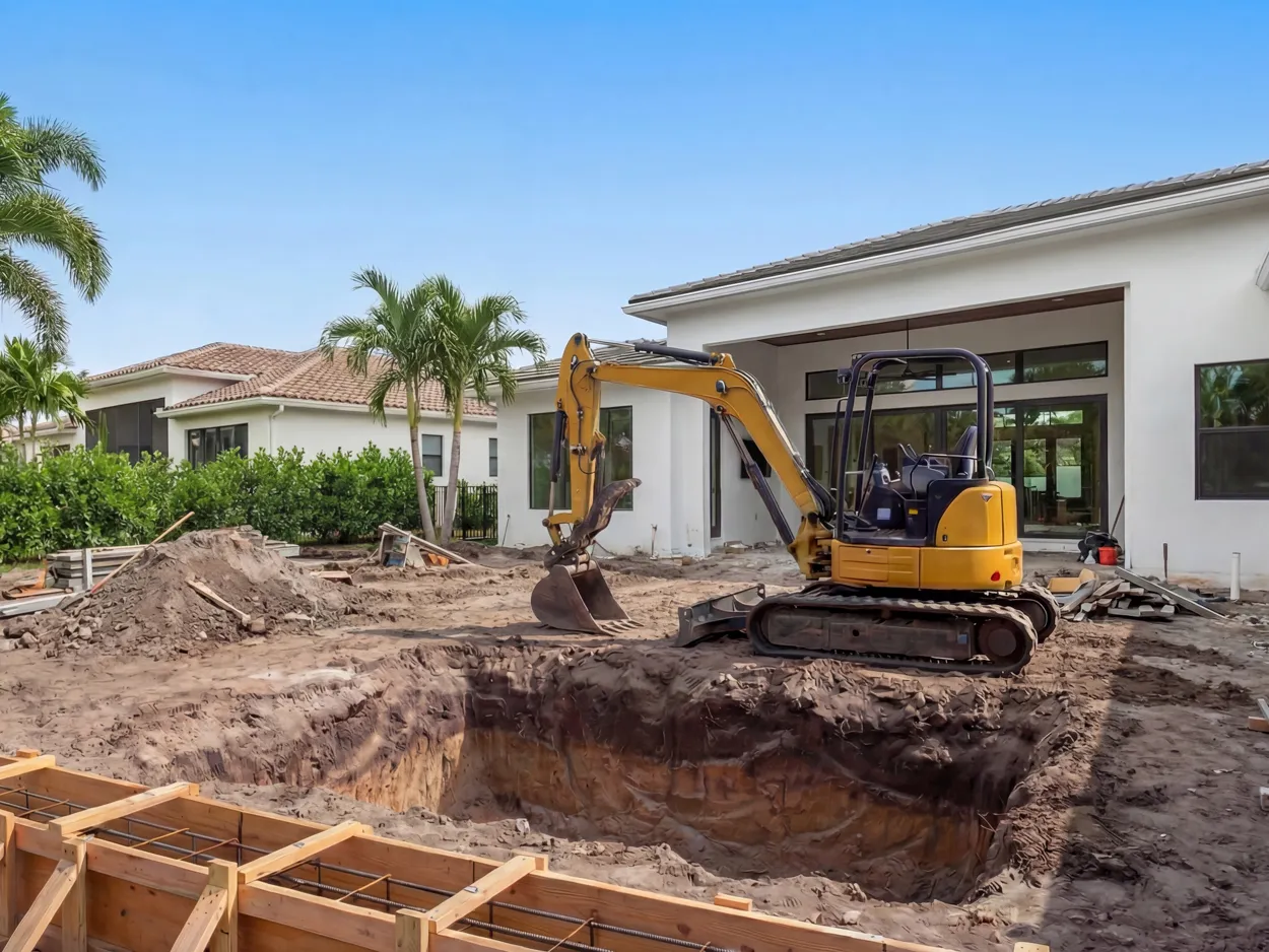 Pool remodeling site preparation with excavation and foundation work at a modern residential property in Florida