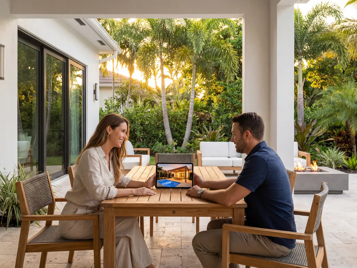 Outdoor living design consultation showing a 3D pool and patio layout at a modern Florida home