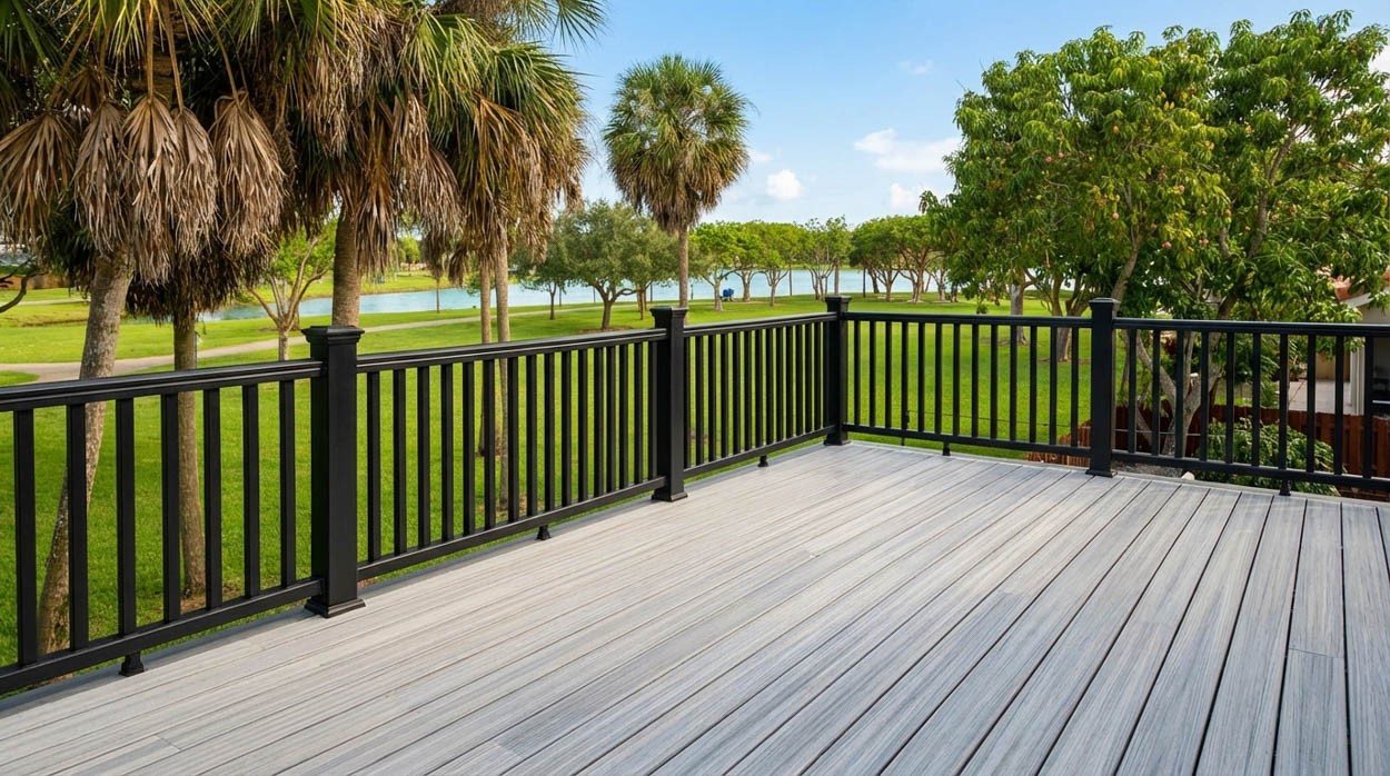 Elevated composite deck with railing system installed by expert deck builders in North & South Florida.