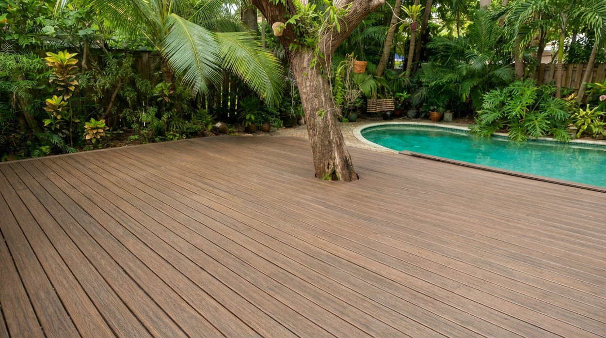 Poolside deck construction using durable decking materials by professional deck contractors in North & South Florida.