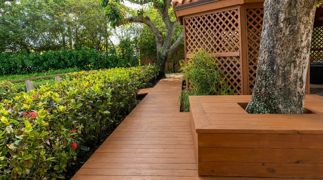 Custom wood deck walkway with integrated seating built by residential deck builders in North & South Florida.