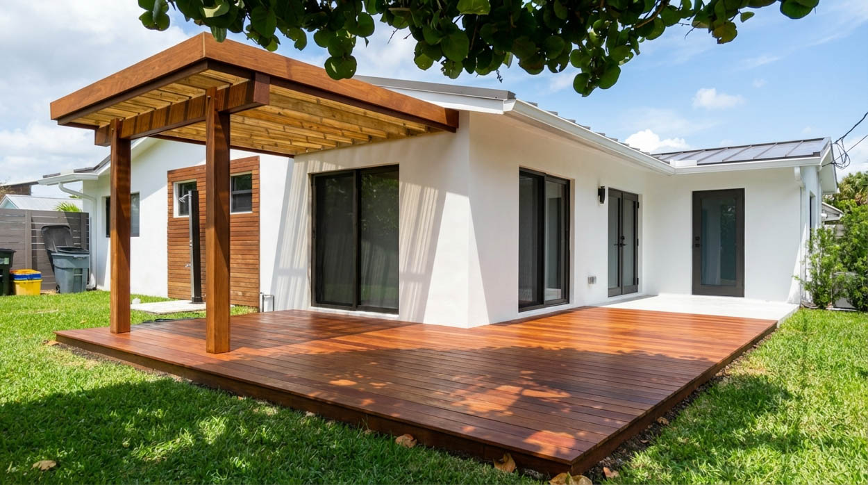 Custom wood deck with pergola integration built by professional deck contractors in North & South Florida.