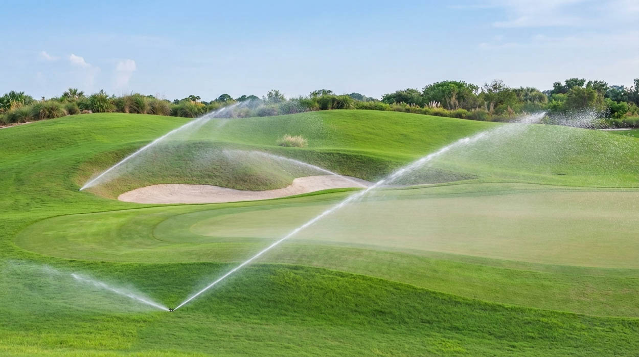 Automated irrigation system installed on commercial golf course landscape in North Florida, providing precise watering and healthy turf management.