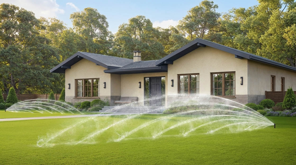 Professional irrigation system installation for residential lawns in Florida, delivering uniform spray patterns and water-efficient performance.