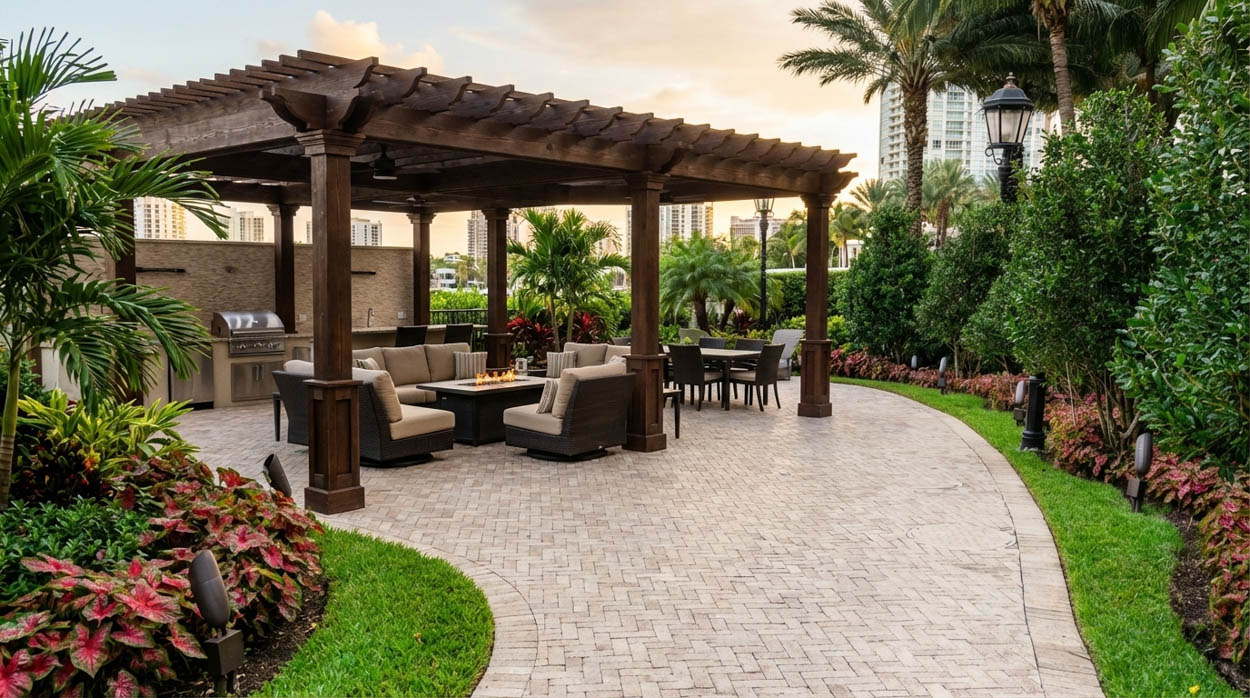 Custom pergola and luxury patio landscaping project by professional contractors serving North and South Florida.