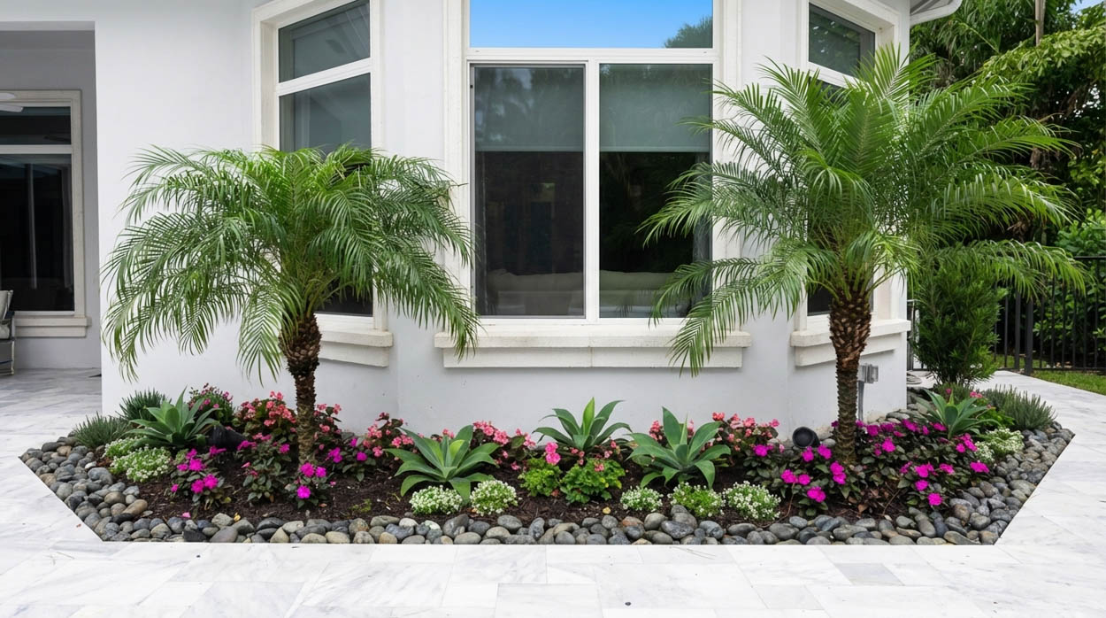 Luxury residential landscaping construction featuring custom plant selection and stone elements in Florida.