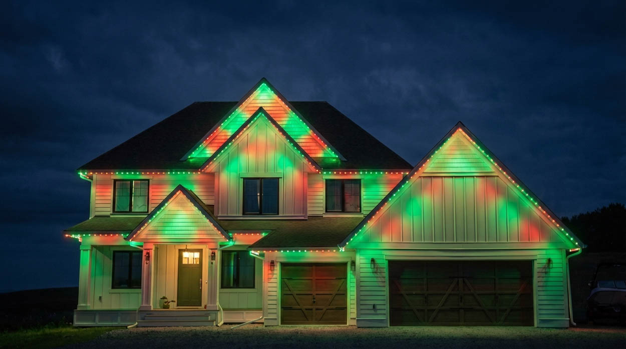 Smart soffit LED lighting installed on a residential home exterior in Florida, enhancing curb appeal, energy efficiency, and smart outdoor lighting design.