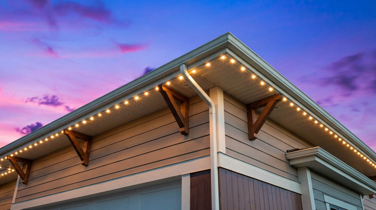 Close-up of smart LED soffit lighting installation under roof eaves, providing modern exterior illumination for homes in North and South Florida.