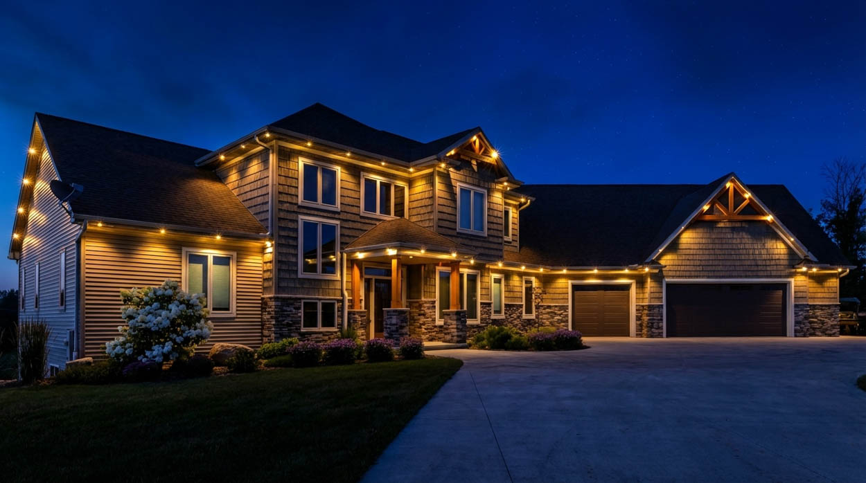 Luxury home with warm white smart soffit LED lighting highlighting architectural details and improving nighttime visibility in Florida residences.