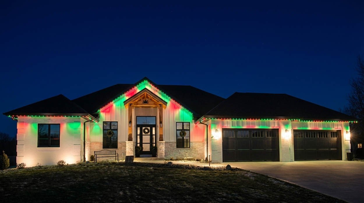 Modern two-story home with programmable smart soffit LED lighting designed for energy-efficient exterior lighting in Florida.