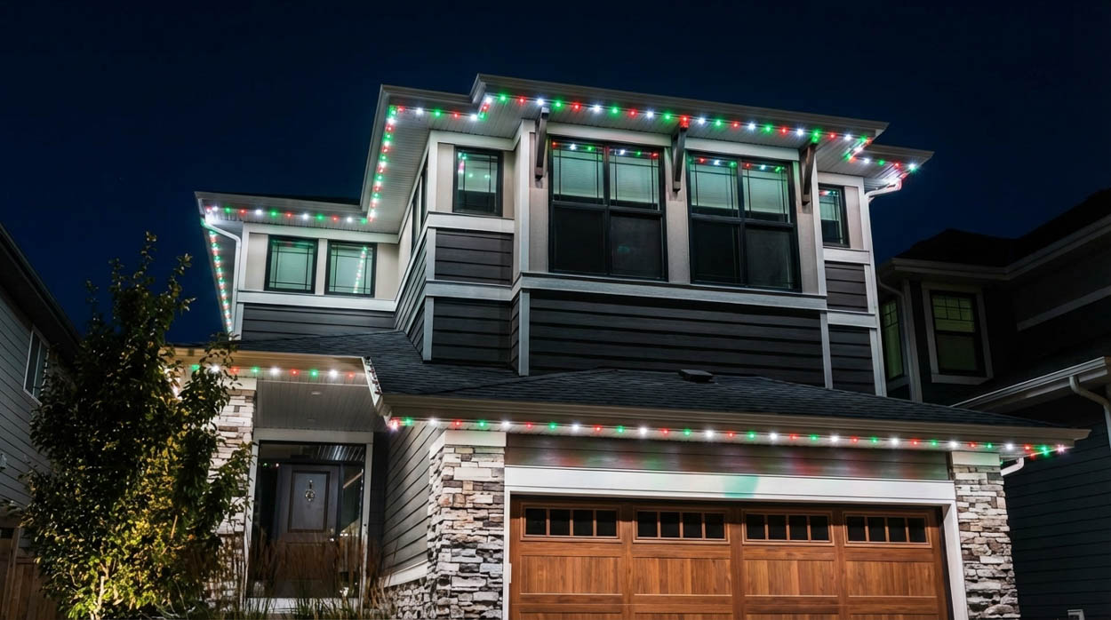 Smart soffit LED lighting installed along roof edges to enhance nighttime curb appeal and exterior safety for Florida residential properties.