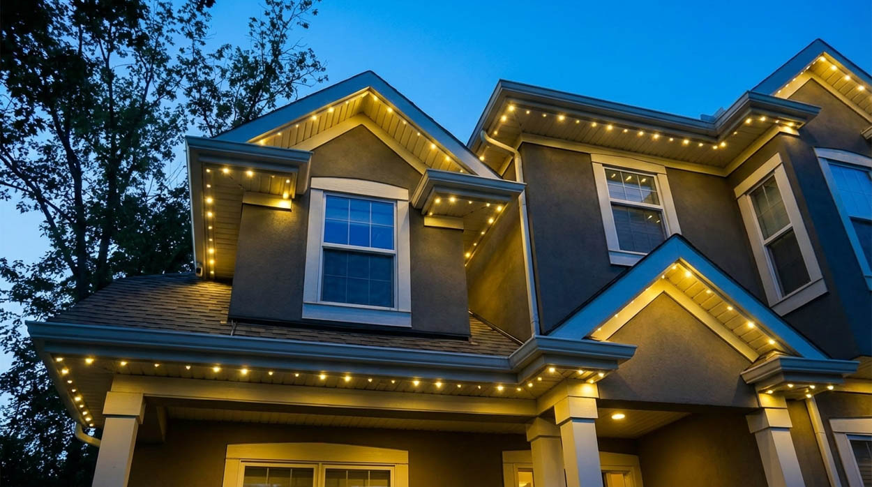 Energy-efficient smart soffit LED lighting highlighting roof architecture and entrances on a Florida home exterior.