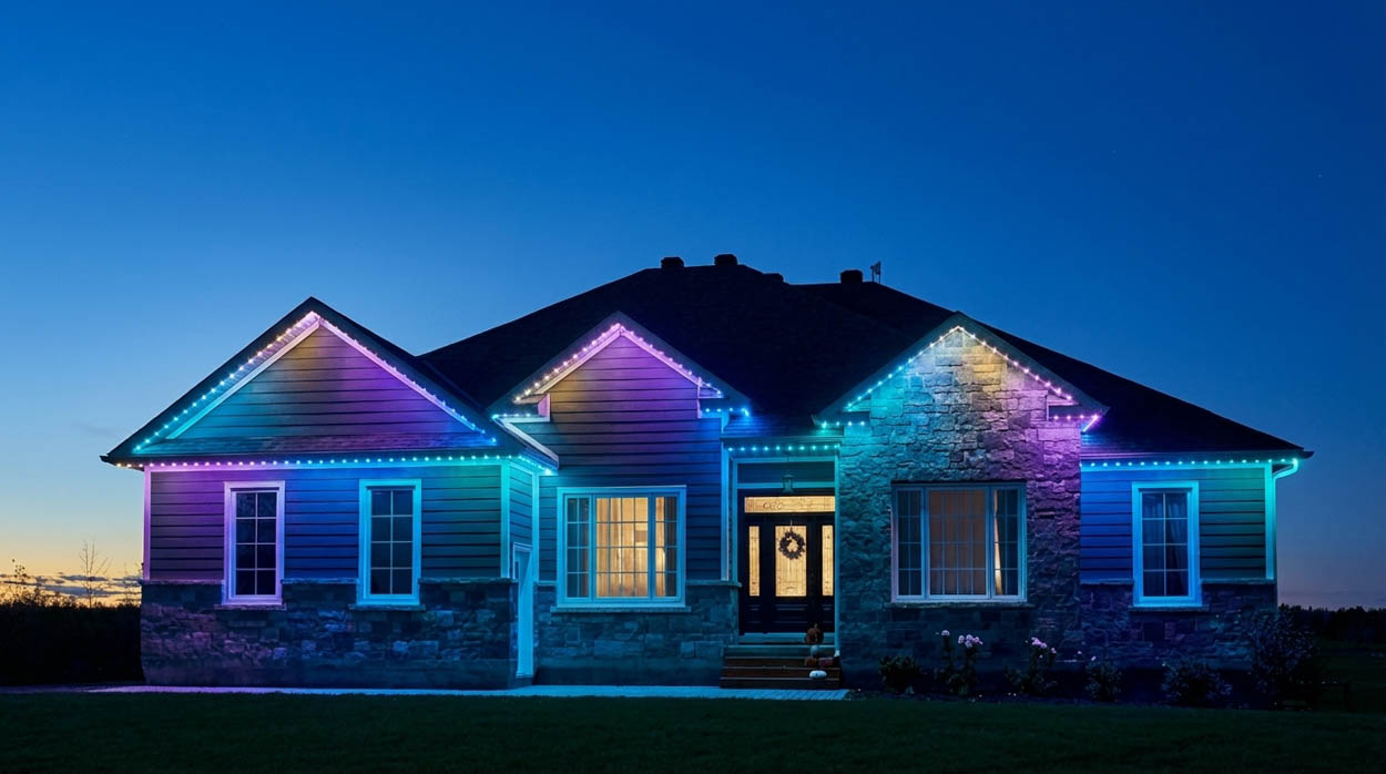 Custom smart soffit LED lighting installation providing elegant exterior illumination and smart home integration in North and South Florida.