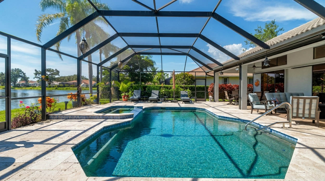 High-end pool cage enclosure with spa and lounge area built by experienced pool screen installers in Florida.