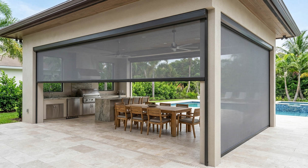 Custom motorized retractable screen system enclosing an outdoor kitchen and dining space, designed to enhance comfort, privacy, and year-round outdoor living in Florida residential properties.