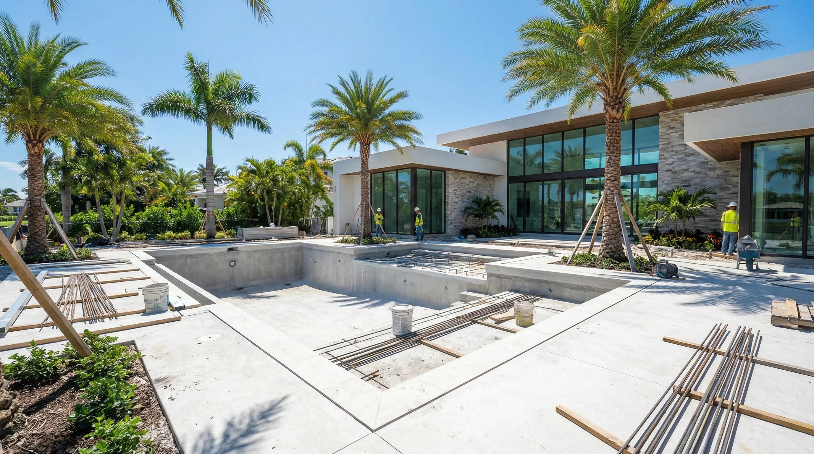 Pool construction project in Florida showing modern inground pool design built to meet Florida building codes.