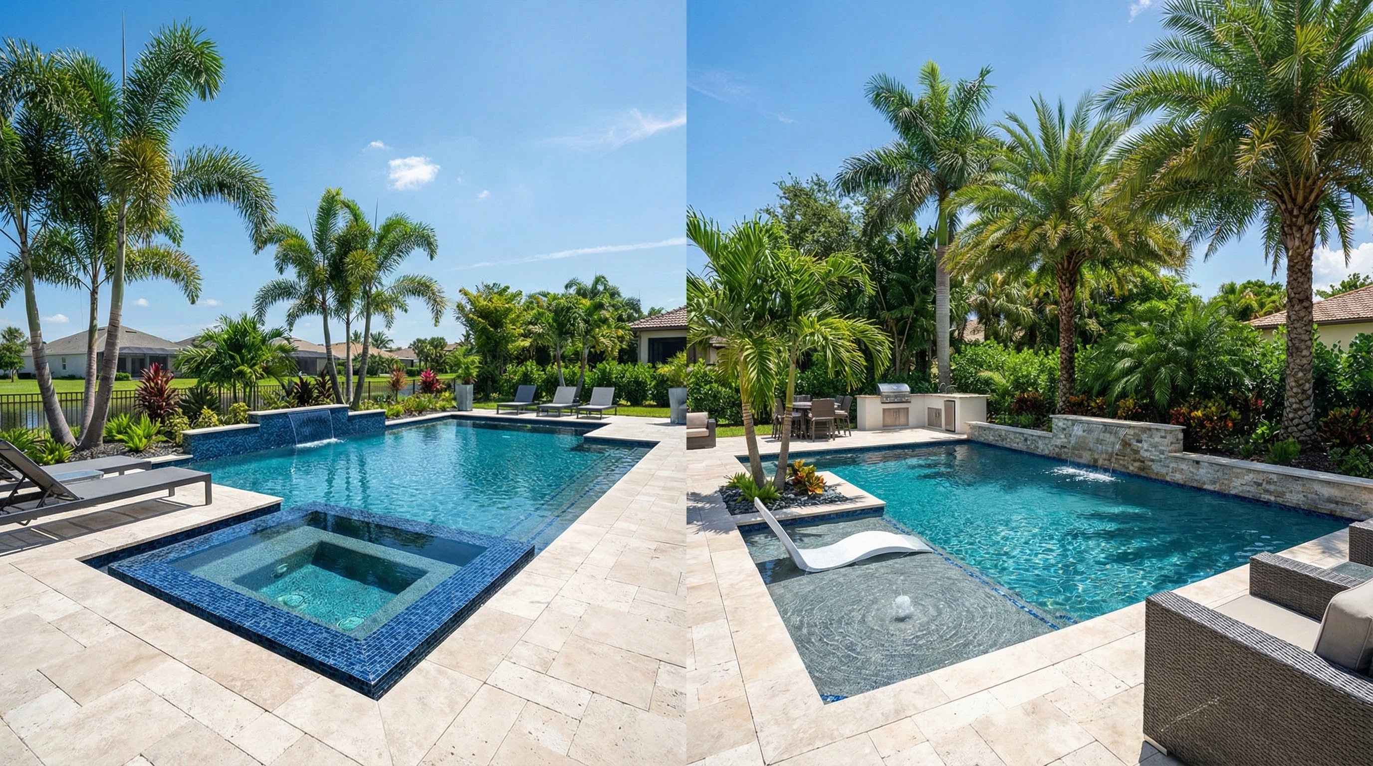 Comparison of new pool construction and remodeled pool design in a Florida residential backyard.