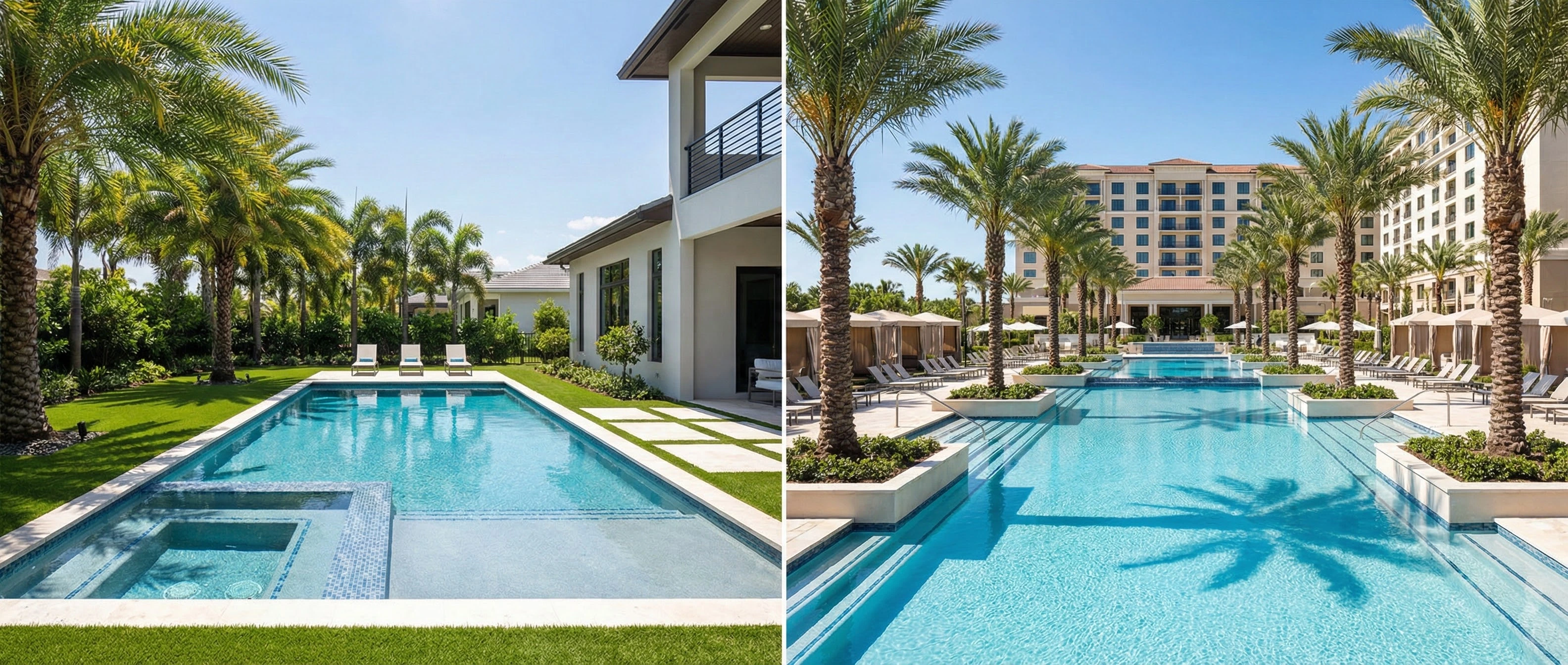 Residential and commercial pool construction comparison showing private home pool and large Florida commercial pool.