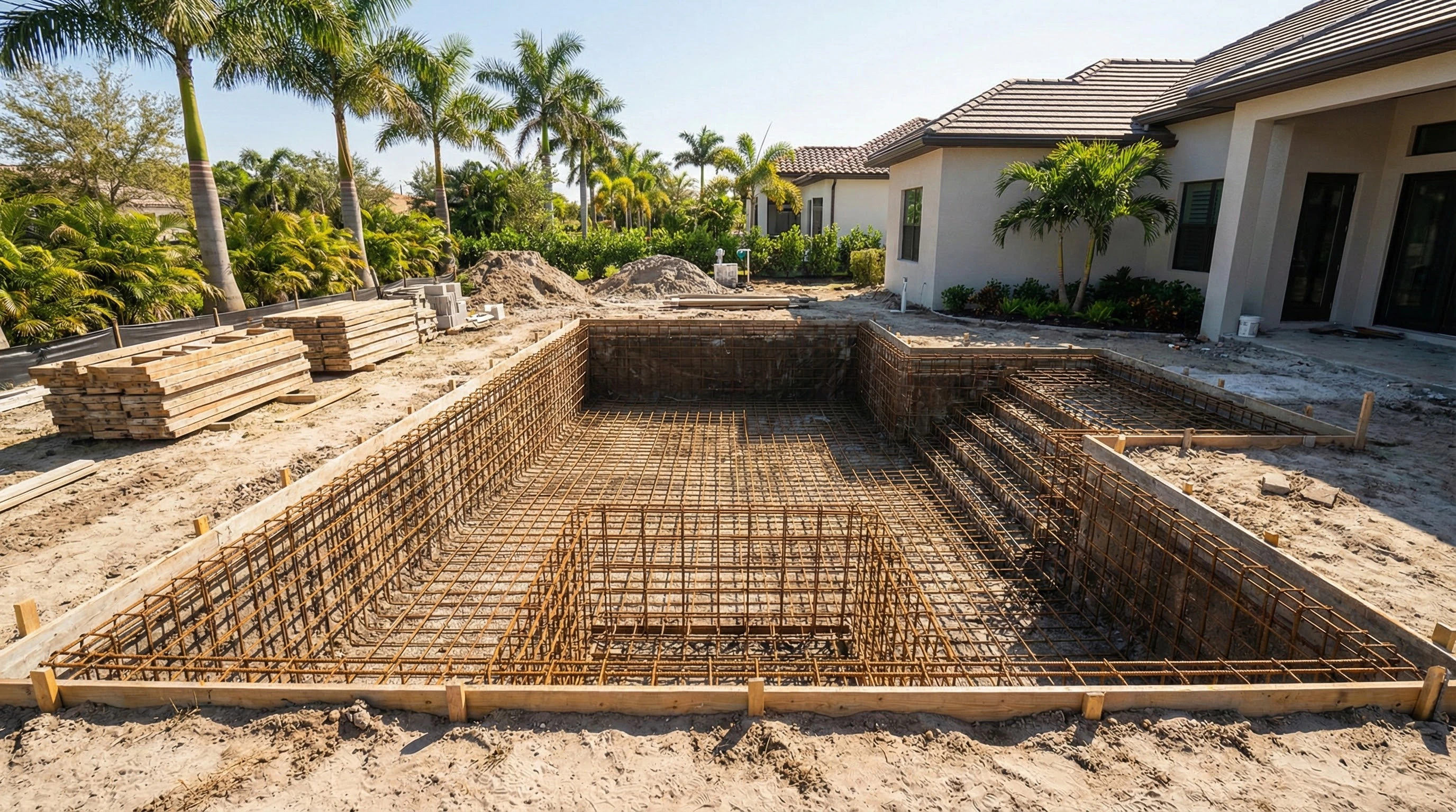 Pool construction timeline in Florida showing excavation and structural phases of an inground pool project.