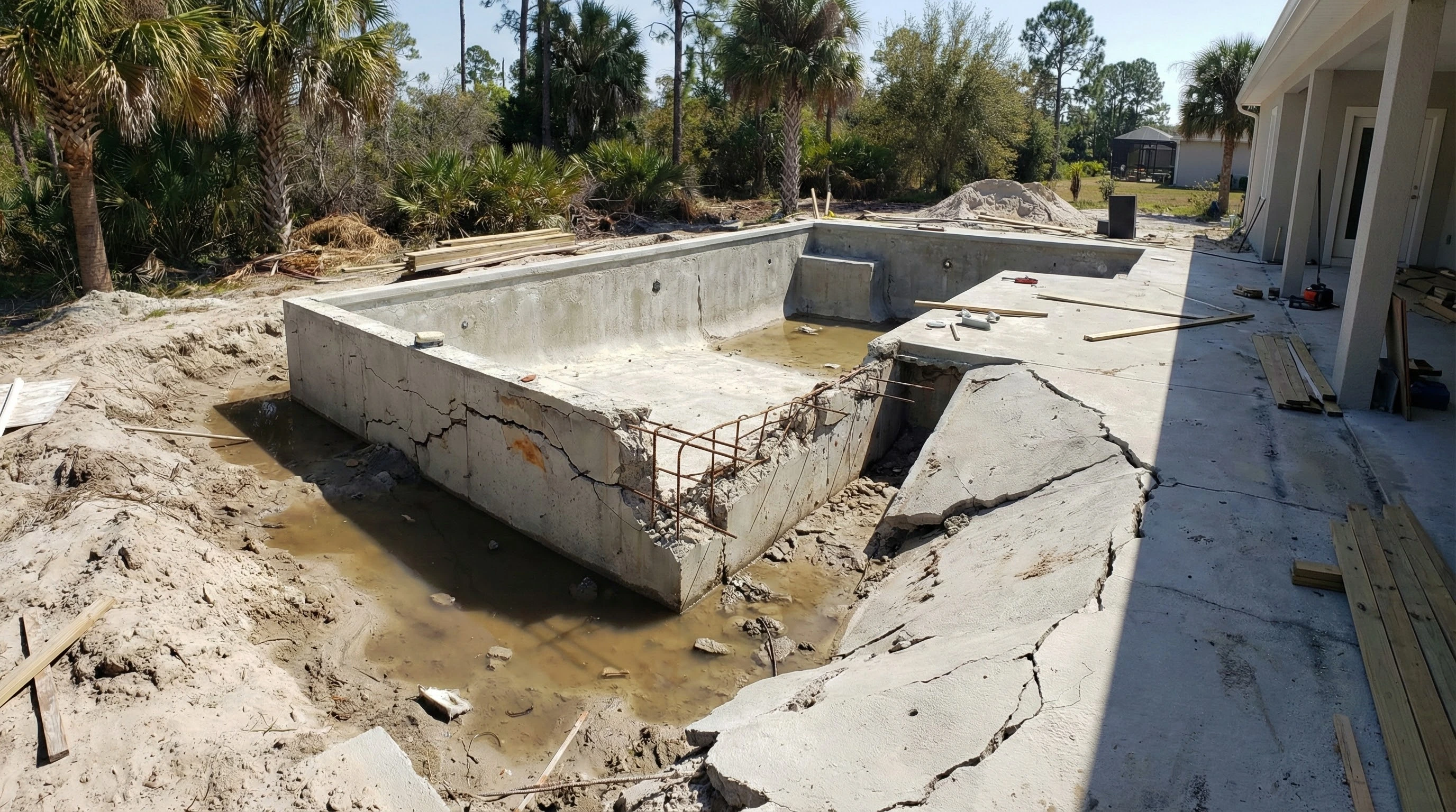 Pool construction mistakes in Florida showing structural issues, drainage problems, and improper installation.