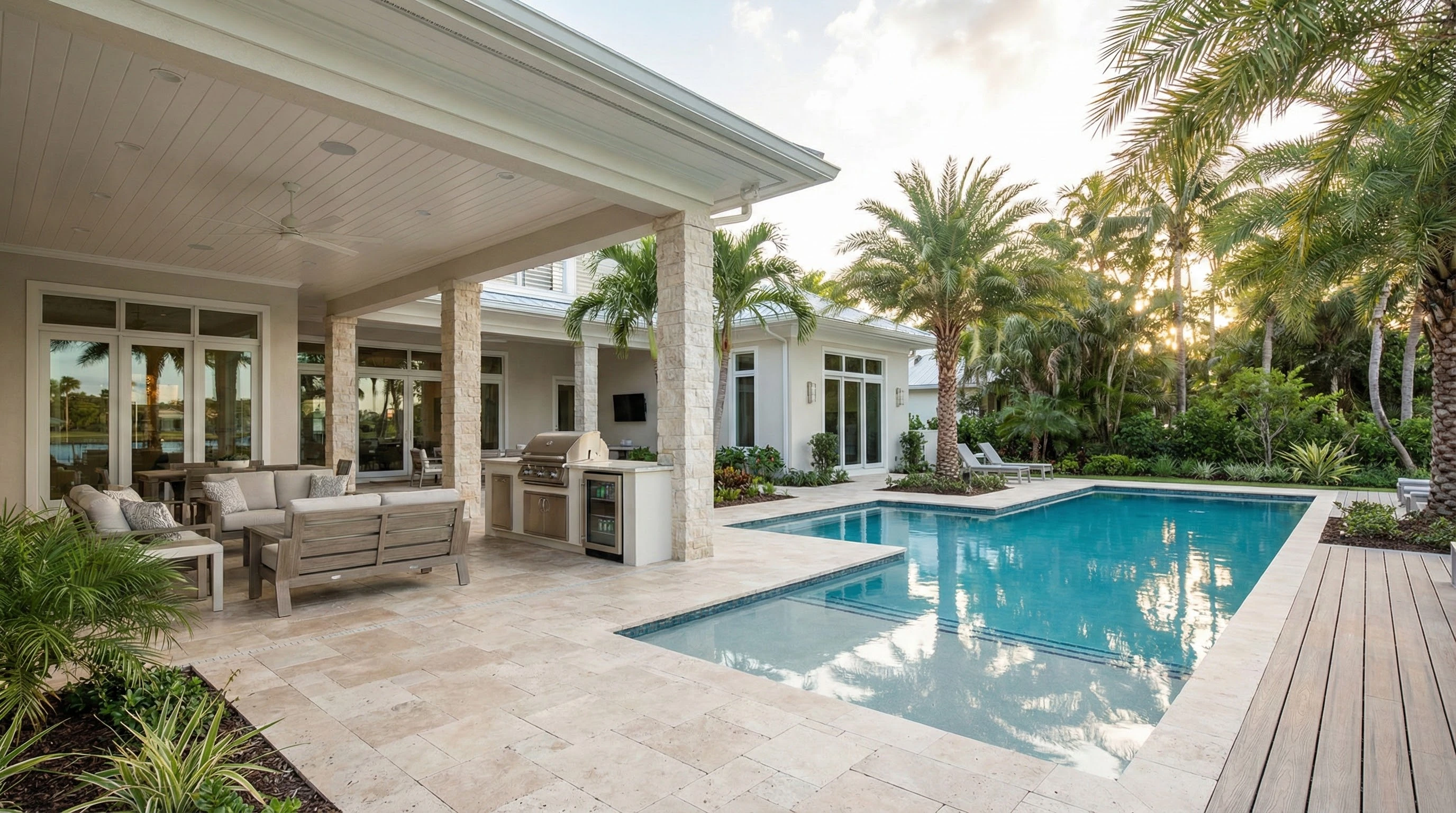Luxury outdoor living space in Florida with covered lanai, pool, and outdoor kitchen designed for year-round use.