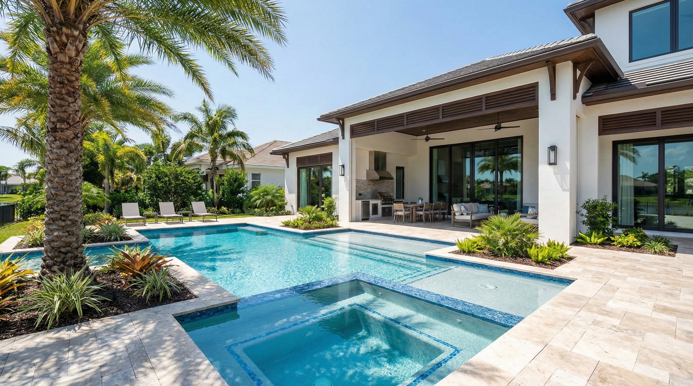 Luxury outdoor living space in Florida with pool, lanai, and outdoor kitchen designed to increase property value.