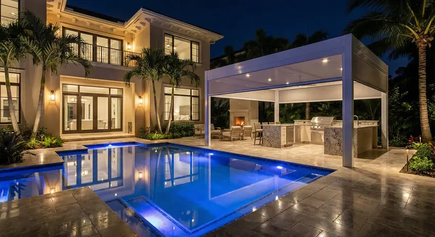 Luxury pool with blue LED lights, outdoor kitchen and bar for evening entertaining in Williston, FL.