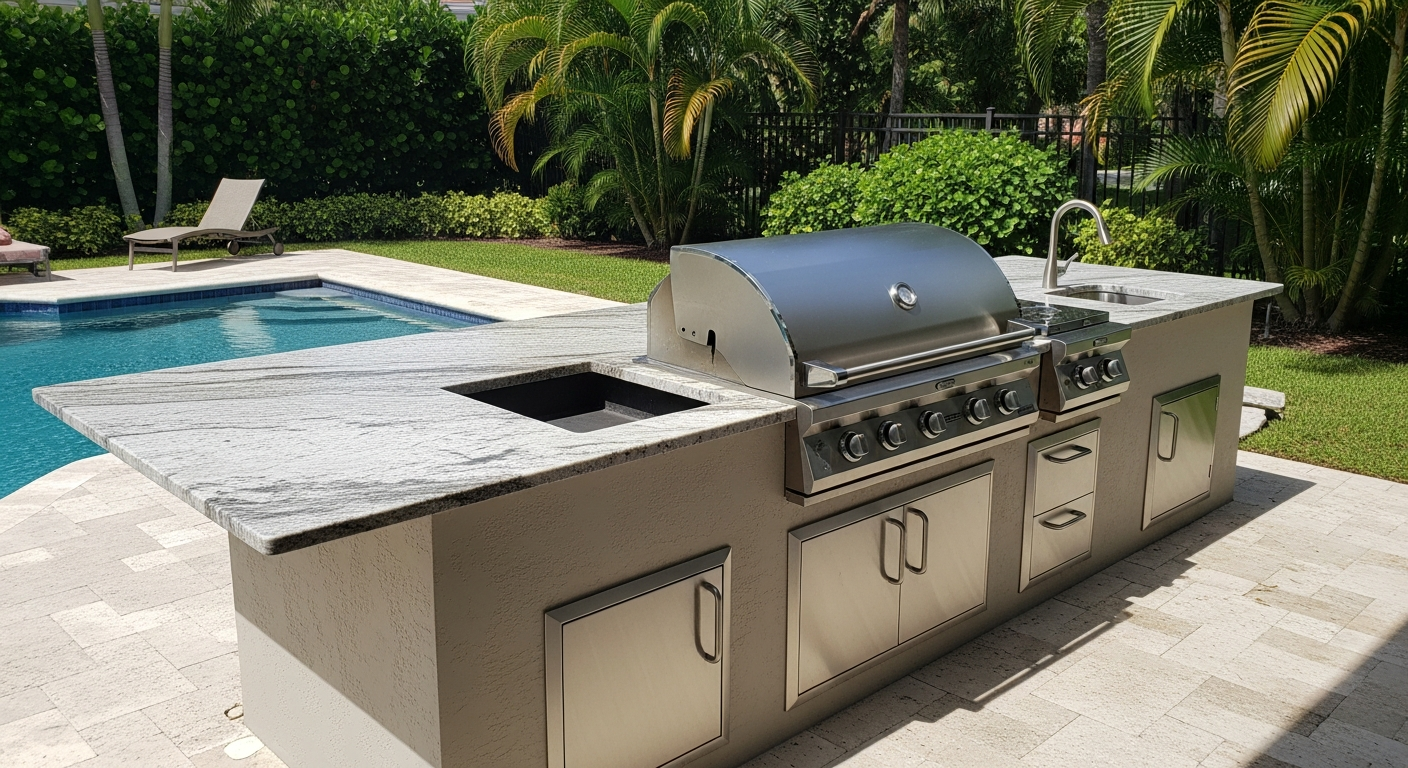 Expert framing, stucco texture, premium countertops, professional-grade appliances, and all components installed — your custom Florida outdoor kitchen built for year-round use.