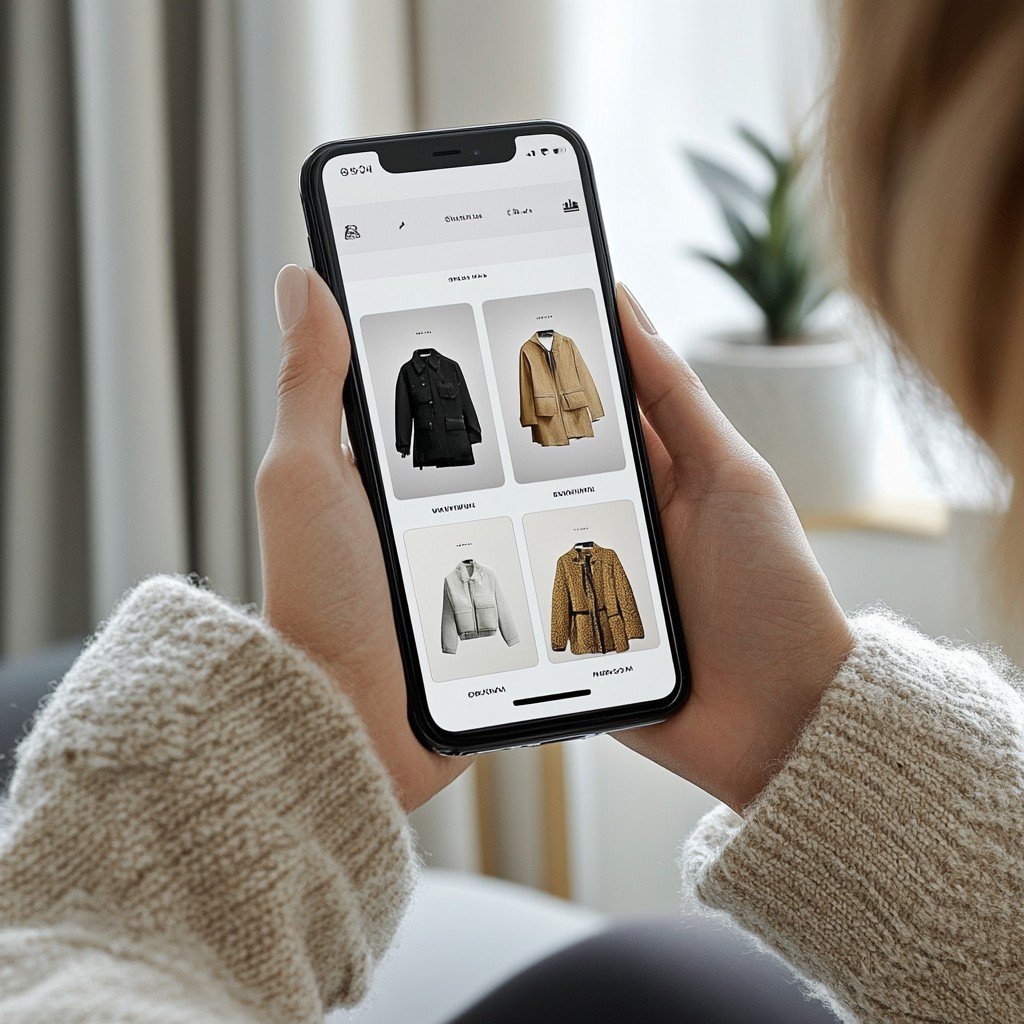 Person holding smartphone displaying an online shopping app with images of four coats.