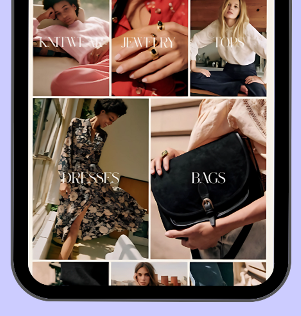 Collage of fashion categories showing a woman in pink knitwear, close-up of hand with gold jewelry, woman in white top and dark pants, woman in floral dress by a window, and a black bag held by a person.