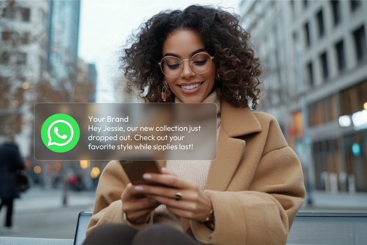 Smiling woman with curly hair and glasses sitting outdoors, looking at her phone displaying a WhatsApp message about a new collection.