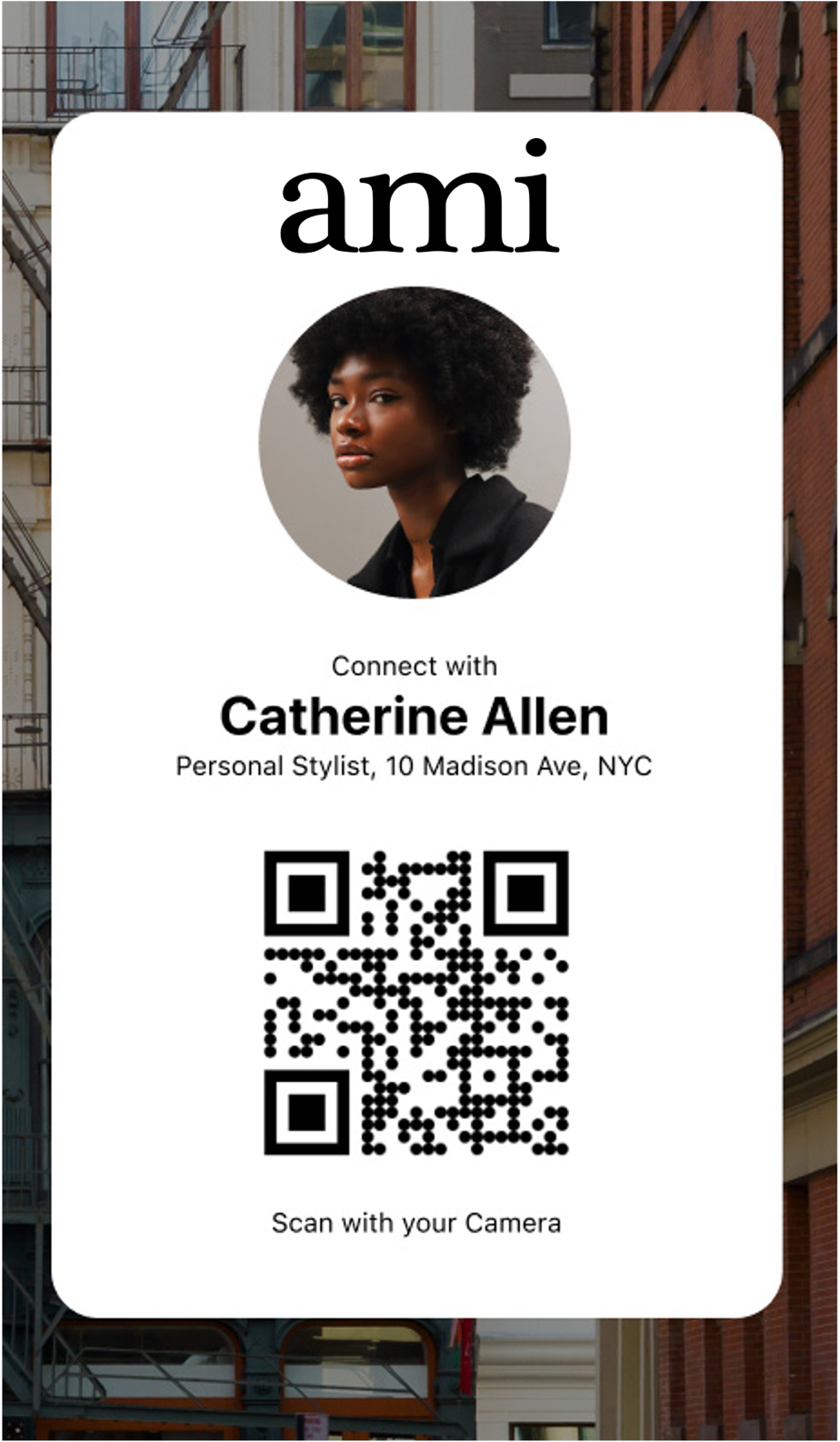 Digital business card for Catherine Allen, personal stylist in NYC, featuring her photo and a QR code to connect.
