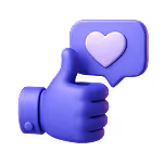 Main violette faisant un pouce levé avec une bulle de dialogue contenant un cœur violet.